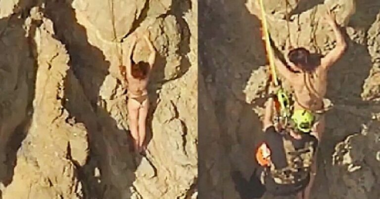 Operativo de rescate de bomberos en un acantilado rocoso.